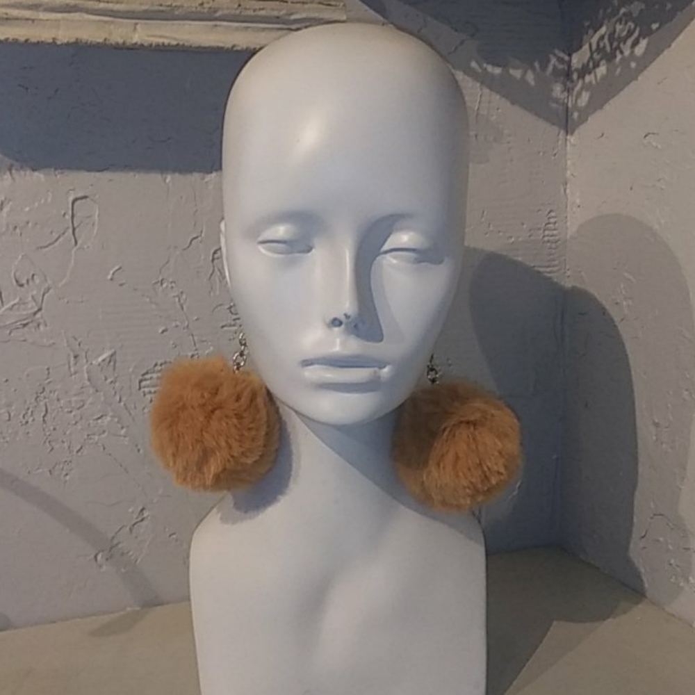 Big Caramel Tan Fluffy Puff Pom Pom Earrings